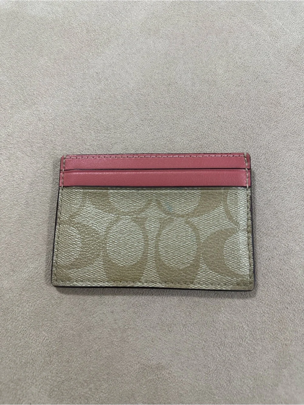 Coach Khaki Signature Canvas Card Case with Coral Trim